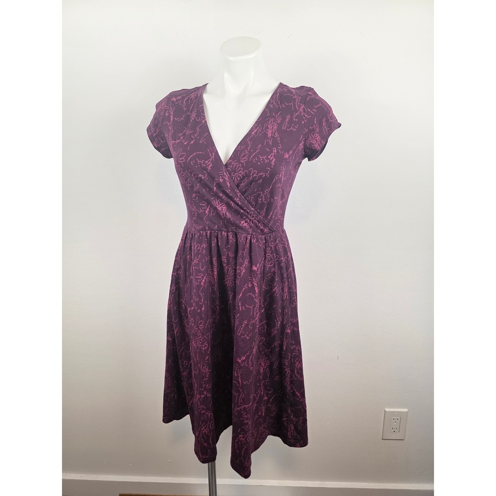Pact Organic Cotton Fit and Flare Wrap Dress Purple Floral Pockets Small